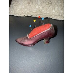 Vintage Woman's Metal Shoe Pincushion w Orig Pins Cute GrannyCore Crafty